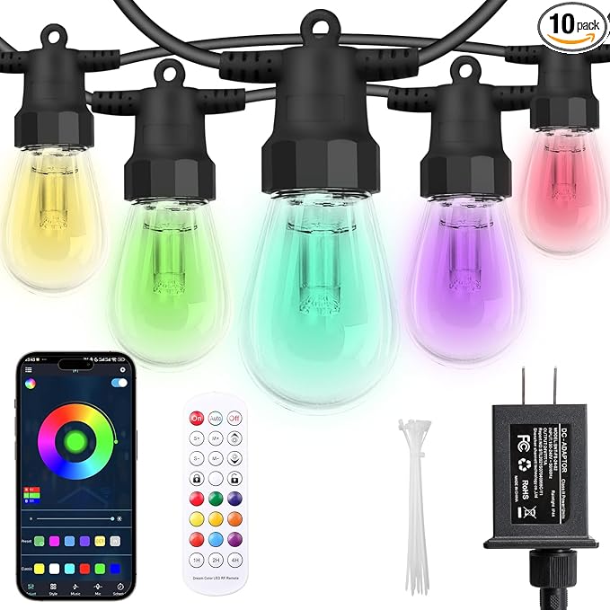 Outdoor String Lights 27FT, Outdoor Lights for Patio with 10 Dimmable RGBW LED Bulbs, IP66 Waterproof Shatterproof, with APP Control & Remote, 24V Adapter Color Change,for Backyard Decor
