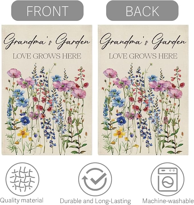 Grandma's Garden Flag Welcome Sign Love Grows Here Flag Gift Flower Decoration Small Double Sided Burlap art Stained Glass Style Garden Flags 12 x 18 Inch for Outside