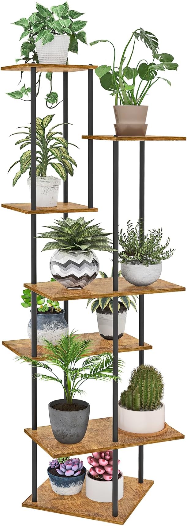 Plant Stand Indoor 7-Tier Metal Wood Plant Shelf for Multiple Flower Pots Corner Tall Flower Holders for Living Room Balcony Bedroom, Brown