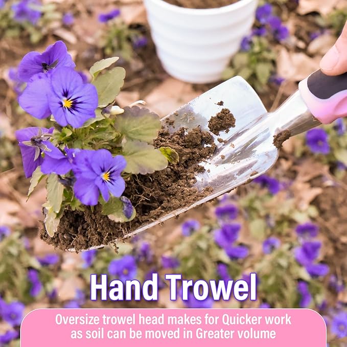 Garden Tool Set SOYUS Heavy Duty 3 Piece Gardening Hand Tools Aluminum Garden Shovel for Planting Hand Trowel Cultivator Rake with Ergonomic Non-Slip Rubber Grip Pink Gardening Gifts for Women