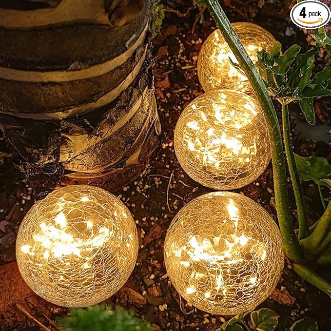 TOMEX 4 Pack Solar Garden Lights, Cracked Glass Ball Waterproof Warm White LED for Outdoor Decor Decorations Pathway Patio Yard Lawn, 4 Pack (4.7")