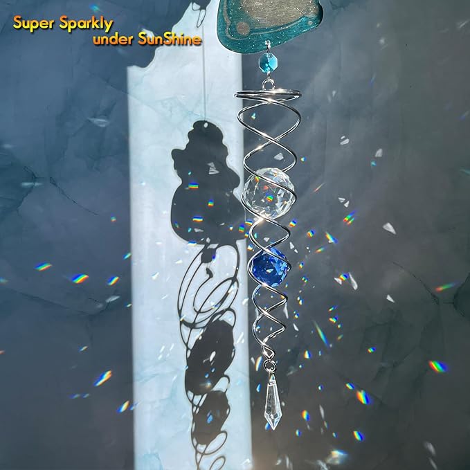 FONMY Snowman Gazing Ball Spiral Decorative Wind Spinner Sun Catcher Rainbow Maker Silver Spiral W/ K9 Crystal Ball Christmas Tree Hanging Ornament Indoor Outdoor Garden Decor. -22 inch H