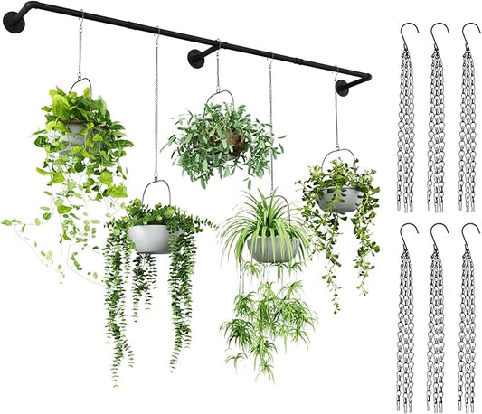Plant Hanger Indoor with 6 Hanging Chains Hanging Planters for Indoor Plants Hanging Plant Holder Window Plant Rod Black Metal Shelves(73 Inch Pot not Included