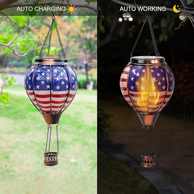 pearlstar Hot Air Balloon Solar Lantern with Flickering Flame Light Outdoor 4th of July Decorations Solar Hanging Lights Waterproof for Garden Yard Patio Outside Independence Day Decoration, Flag