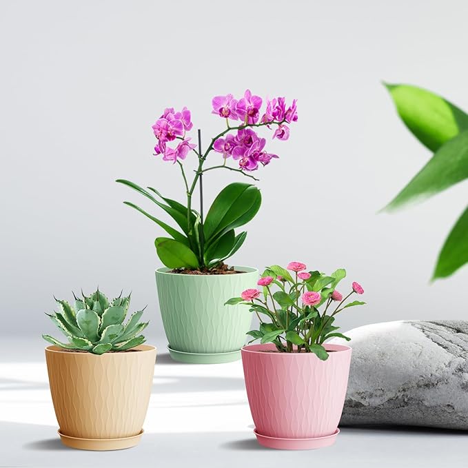 6 inch Plant pots, 12 Pack Modern Plastic Planters with Drainage Holes and Saucers for Repotting Indoor Plants and Flowers, Colorful