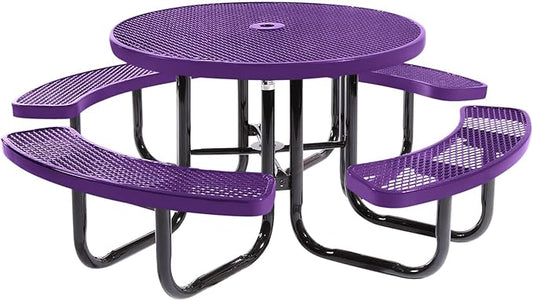 Heavy-Duty Portable Outdoor Picnic Table with Umbrella Hole, Expanded Metal Commercial-Grade Patio Dining Furniture Made in America (46" Round Top, Purple)