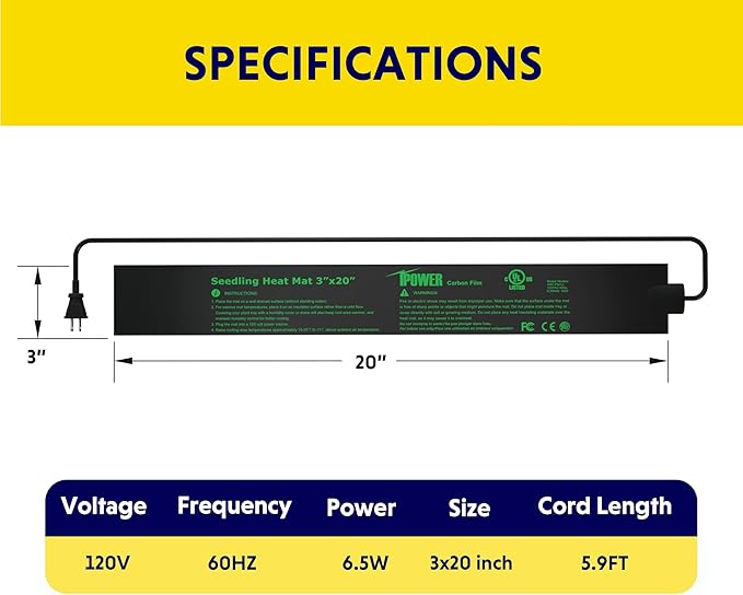 iPower Durable Seedling Heat Mat Warm 3" x 20" Hydroponic Heating Pad Waterproof for Seed Starting Greenhouse and Germination