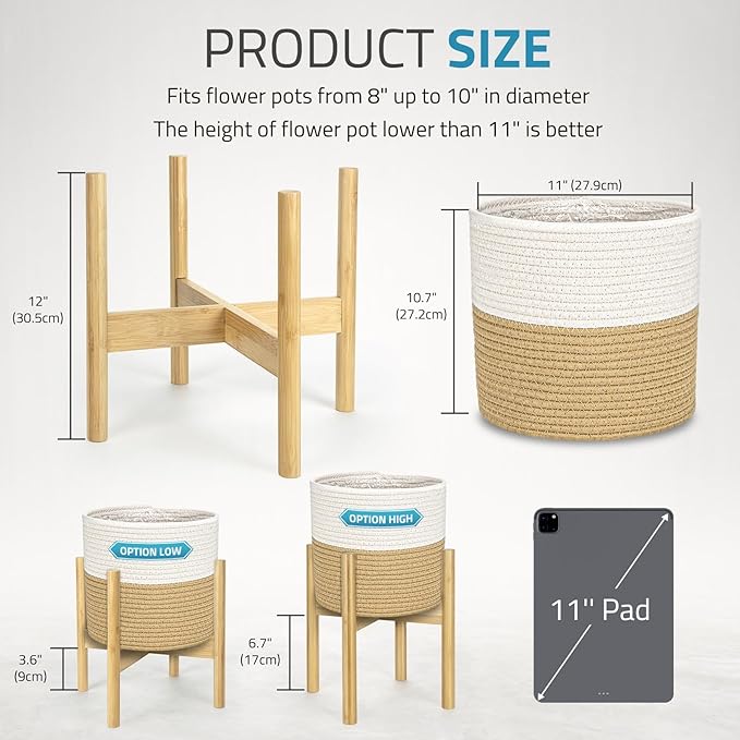 PAULINN Plant Basket with Stand 11" x 11", Woven Basket with Bamboo Plant Stand, for Indoor Plant, Fits Up to 10 Inch Plant Pots, White and Beige