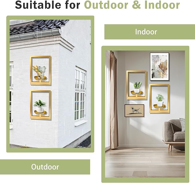 Picture Frame Plant Holder, Window Planter Hanger Shelves,Wall Mount Plants shelf Indoor Outdoor, Metal Hanging Planters Stand Decor,Modern Floating Ornament Rack Art for Home & Garden (Gold 2pc)