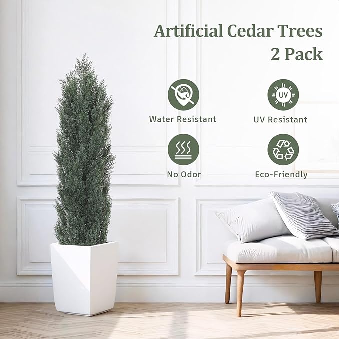 THE BLOOM TIMES 5ft Topiary Trees Artificial Outdoor – UV Resistant Faux Cedar Pine Cypress Bushes and Shrubs, Fake Potted Plants for Front Porch Outside Planter Patio Decor, Set of 2 (5 Foot)