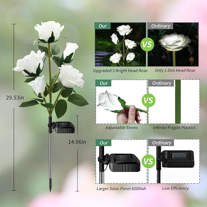 Solar Garden Lights, Solar Outdoor Lights with More Realistic 10 Rose Waterproof Solar Powered Flowers Lights for Outside Patio Yard Pathway Decorations, 2 Pack White