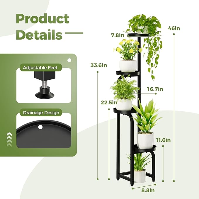 Bamworld Tall Plant Stand Indoor Outdoor, Corner Metal Flower Pot Stands for Multiple Plants, 4 Tier Heavy Duty Plant Shelf for Patio Garden Balcony Living Room Bedroom(Patent Design)