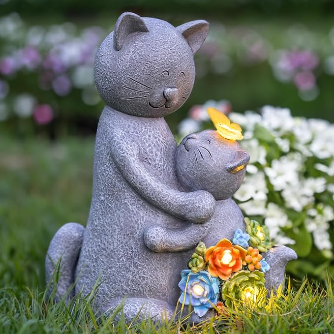 Solar Garden Statues Loving Cat Figurine Lights for Outside, Yard Decorations Outdoor, Garden Christmas Decor Unique Birthday Housewarming Gifts for Mom, Women