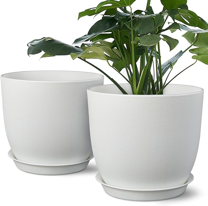 Plant Pots 8 Inch Set of 2, Flower Pots with Multi Mesh Drainage Holes, Planters for Indoor Outdoor Garden Plants and Flowers (White)