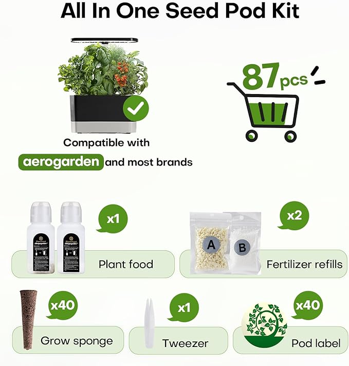 Ahopegarden 87 Pcs Seed Kit for Aerogarden for IDOO for Gardencube Hydroponics Growing System, Grow Anything Kit for Indoor Garden with 40 Grow sponges and Labels, 6 A&B Plant Food, 1 Tweezers