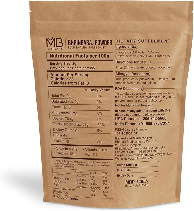 MB Herbals Pure Bhringraj Powder 1 Pound 16 oz 454 Gram 100% Pure