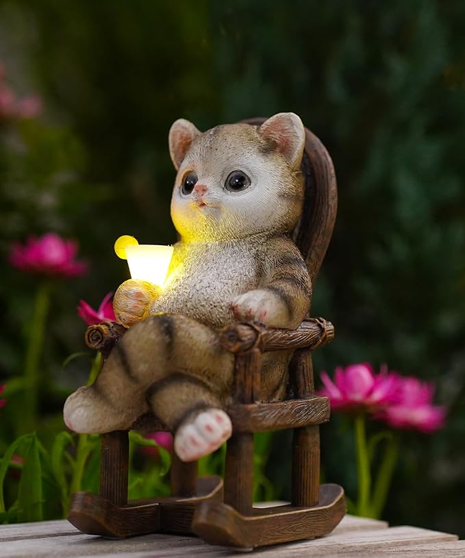 Solar Cat Statue Garden Decor: Outdoor Indoor Figurine for Clearance Outside Lawn Porch Desktop Accessories - Gifts for Mom Women