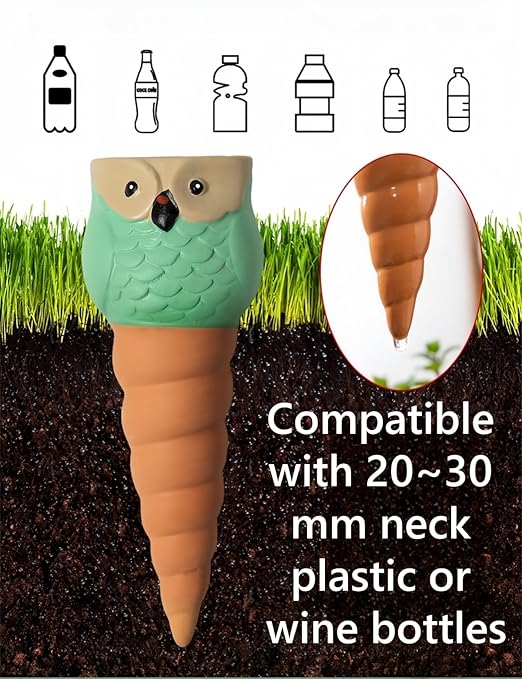 4 Pack Plant Watering Devices, Animal Shape Terracotta Watering Spikes, Vacation Self Watering Planter Insert, Automatic Plant Waterer for Indoor Outdoor Plants (Owl-Grey Eye)