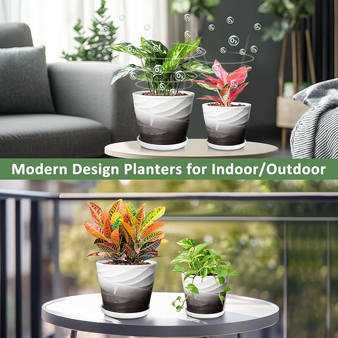 6.7 + 5.5 Inch Plant Pot, Ceramic Planter with Drainage and Saucer，Ceramic Pots for Plants, Indoor Plant pots，Ceramic Flower pots(Dark Gray+White)