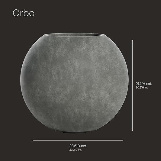Orbo Globe Sphere Planter – Grey Stone Finish – Fiberglass Indoor/Outdoor and Weather-Resistant Round Planter (23.6" D x 21.1" H Exterior, 23.2" D x 20.5" H Interior)