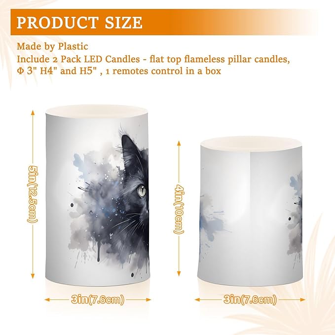 Flickering Flameless Candles, Black Cat Print LED Candles with Remote Timer, Set of 2 Battery Operated Candle for Valentine Wedding Birthday
