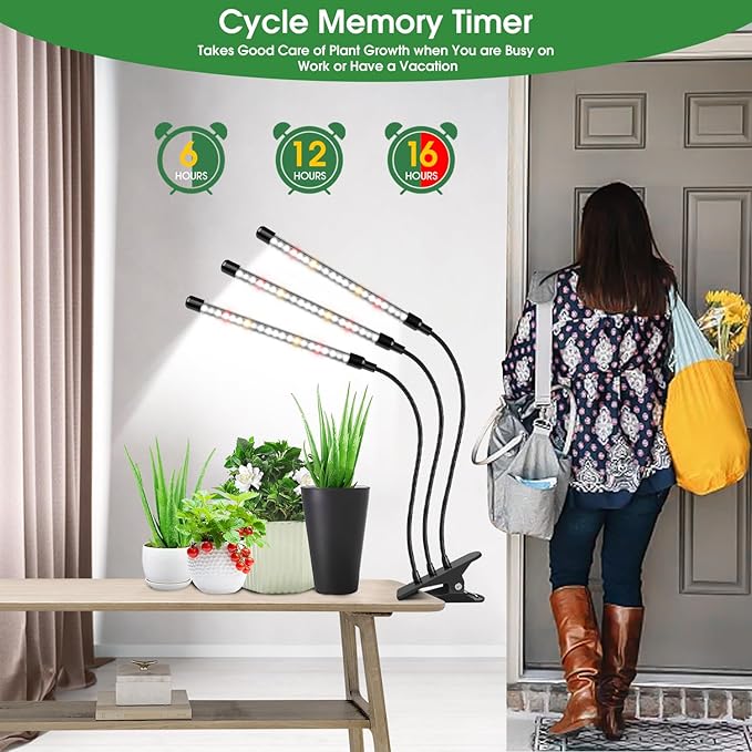 Wolezek Grow Lights for Indoor Plants Full Spectrum, 6000K 3 Head Plant Lights Indoor, LED White Plant Grow Lamp with Clip, Auto ON & Off Timer 6/12/16H, 3 Light Modes, 5 Level Dimmable Brightness