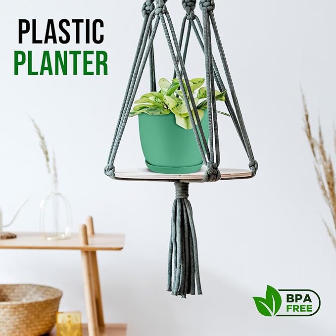 Planter Pots with Drainage Holes - Lightweight, Durable, & Space-Saving Pots for Indoor and Outdoor - Versatile Functionality, Simple Modern Design, Set of 5 Plastic Planter Pots Mint