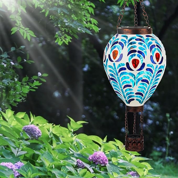 VOREEN Hot Air Balloon Solar Lantern, Mosaic Solar Outdoor Hanging Wind Light, Waterproof, Patio Festive Decor, Easter Gifts for Mom Father Grandma, Peacock Feather Design