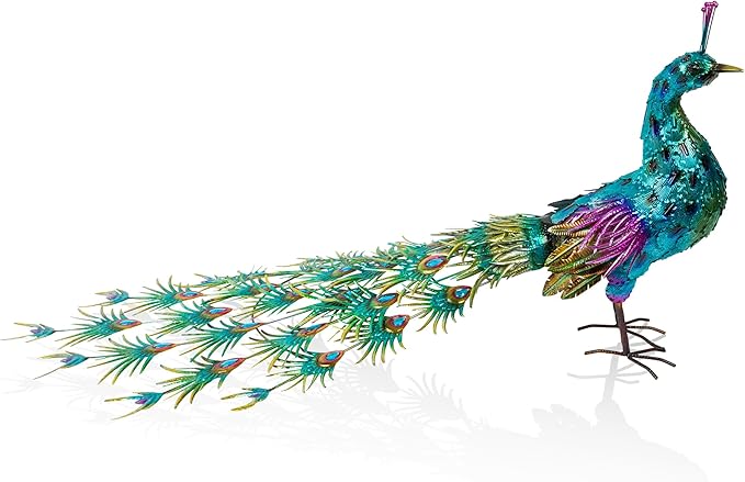 Alpine Corporation HEH378 Metal Jumbo Sized Majestic Peacock Decor, Elegant Garden & Patio Bird Statue, 33" H, Blue