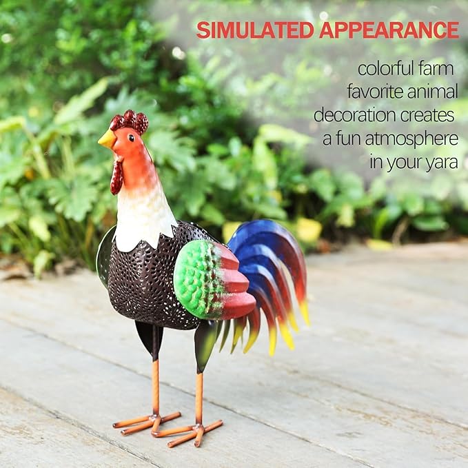 Solar Metal Rooster Animal Lights Decor Metal Chicken Sculpture for Backyard Patio Decor & Lawn OrnamentsGifts10.6inchesH (Rooster)