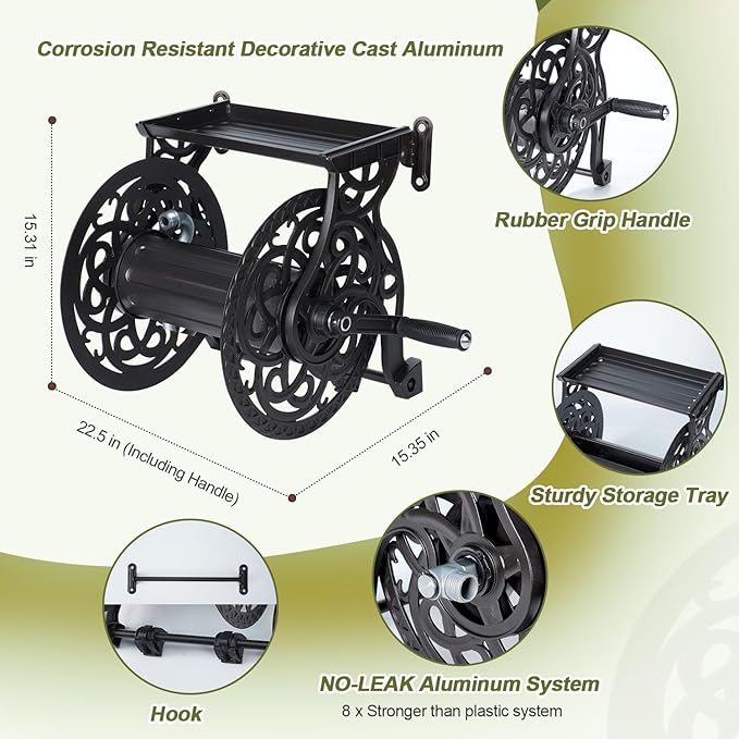 Metal Decorative Garden Hose Reel, Heavy Duty Hose Holder for Outside, Aluminum Frame, No-Leak Aluminum Water System, Easy Assmbly, Wall Mount, Holds 135 ft x 5/8" Hose Storage, Dark Bronze