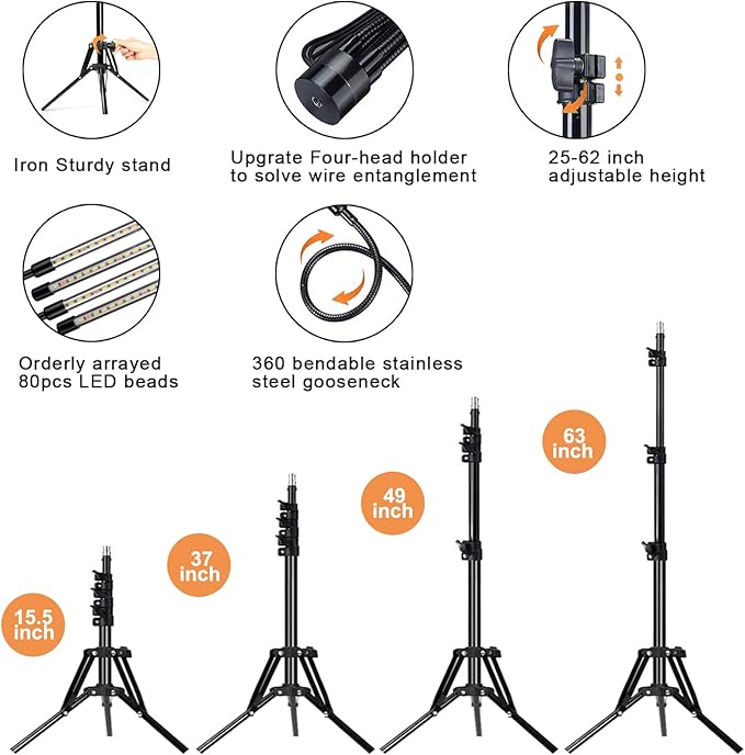 Plant Grow Light with Stand, 4 Heads Full Spectrum Grow Lamps with 15-63" Adjustable Tripod Stand, 4/8/12H Timer, 3 Switch Modes, Indoor Plant Light with Remote Control