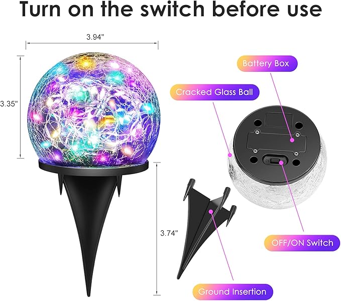 Solar Garden Lights, 4 Pack 120 LED Multicolor Cracked Glass Solar Outdoor Lights Decorative, Upgraded Waterproof Ball Lights for Yard Pathway Patio Lawn Christmas Outside Decor, TYN2023-5