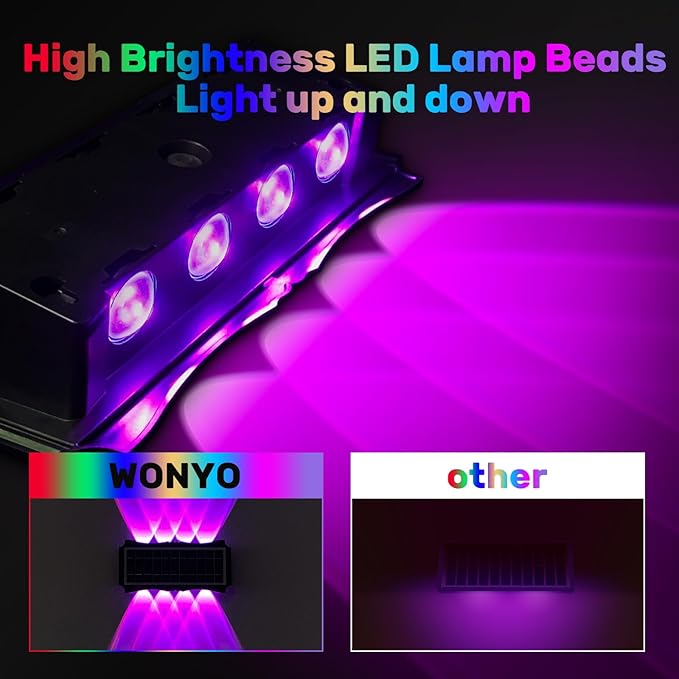 8LED Multi-Color Solar Wall Lights, Up and Down Lighting Solar Outdoor Light Waterproof IP65, Solar Fence Light for Yard Deck Garden Garage Walkway Porch Christmas Decorations (4 Pack)