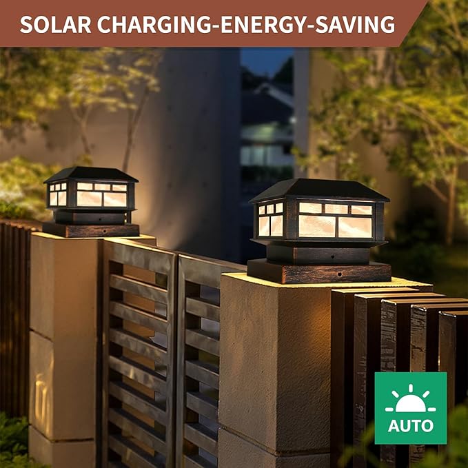Solar Post Lights Outdoor, 20LM Fence Post Cap Lights, Waterproof, 2 Light Modes, Fit 3.5x3.5in 4x4in 5x5in Wooden Post, Solar Power Deck Lights for Garden Deck Patio Decoration(Bronze 4Pack)