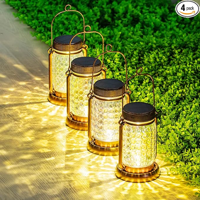 Outdoor Garden Decor, 4 Pack Solar Lantern Waterproof Warmwhite Mason Jar Hanging Lights, Porch Decorative for Garden Yard Patio Backyard Deck Courtyard Lawn