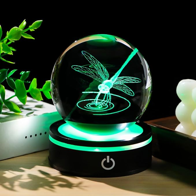 YWHL Crystal Ball 3D Dragonfly Figurine with LED Base, Dragonfly Gifts for Men Women on Christmas Birthday, Glass Animals Insect Sphere Decorative Ball for Home Decor (80mm)