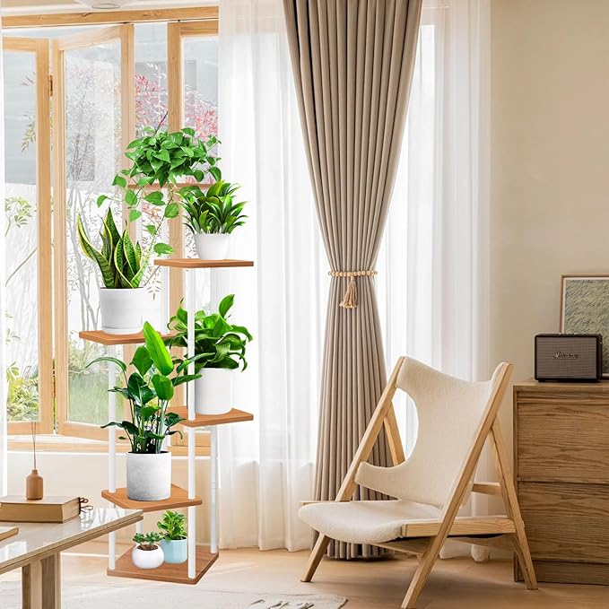 6 Tier Wood Tall Plant Stand Metal Rack Indoor, Multiple Flower Pot Holder Shelves Corner Rack, Planter Shelf Display Rack Storage Organizer for Patio Living Room Balcony Garden(White)