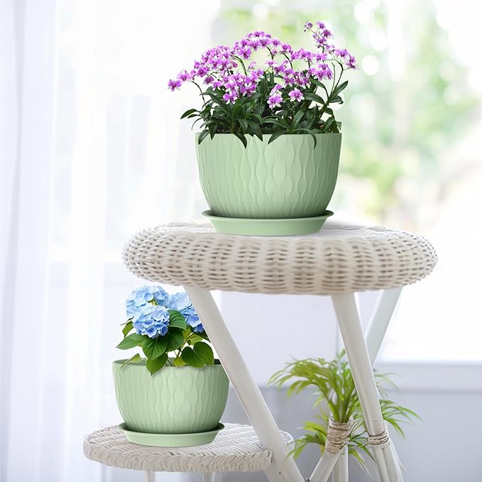 Large Flower Pots 12/10/9 inch, 3 Set Wide Plant Pots for Outdoor Indoor Plants with Water Ripples, Big Plastic Planters with Drainage Holes and Saucers for Garden House Plants, Green