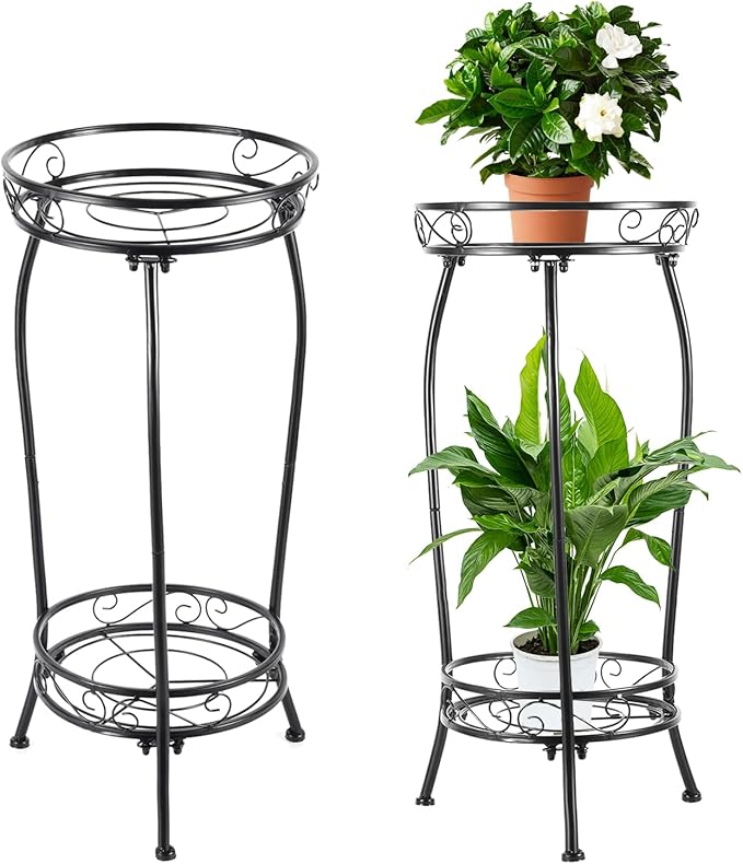 Plant Stand Indoor Outdoor，Tall Black Metal Rustproof Stable Plant Stands，2 Tier 27.1 inch (2PS-Iron)