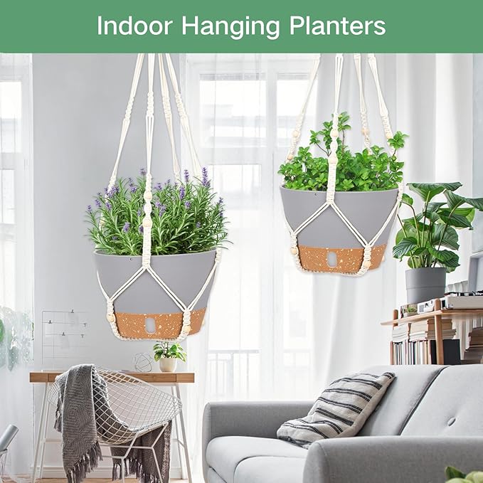QCQHDU 2 Pack Hanging Planters for Indoor Plants, Outdoor Hanging Baskets, Self Watering Pots with Drainage Holes & Removable Tray (Light Grey, 10 inch, Macrame Hanger)