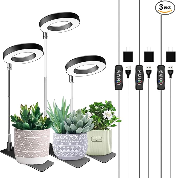 Plant Grow Light, 48 LEDs Full Spectrum Grow Light for Indoor Plants, Height Adjustable Small Halo Light with Base, 3 Optional Spectrums, Auto Timer 3/9/12Hrs, 10 Brightness, 3 Pack