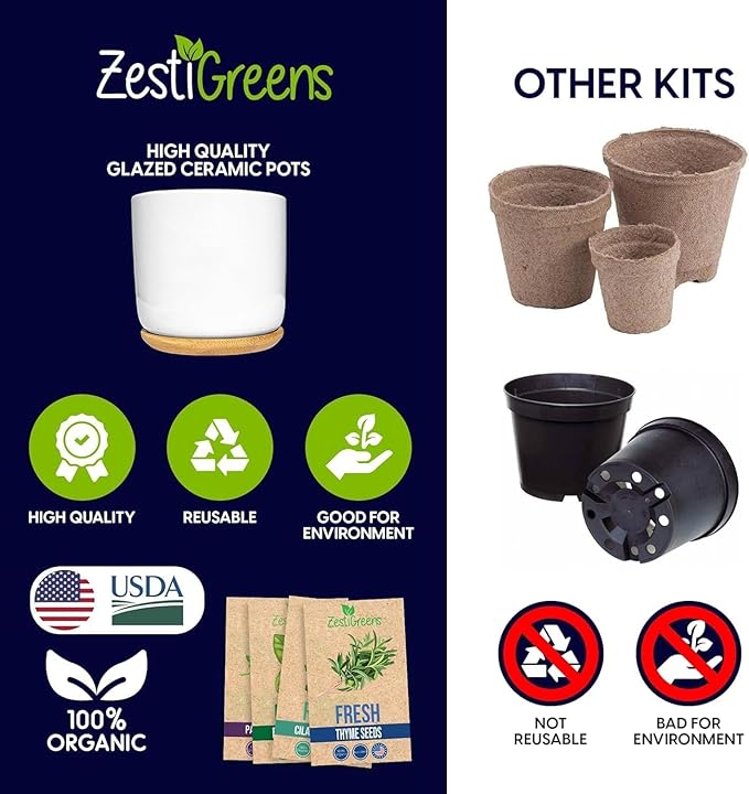 Deluxe Ceramic Indoor Herb Kit 4 Set. Variety Herbs for Indoor & Outdoor – Get Growing with Pots, Potting Soil for Window Herb Garden. (Ceramic Edition)