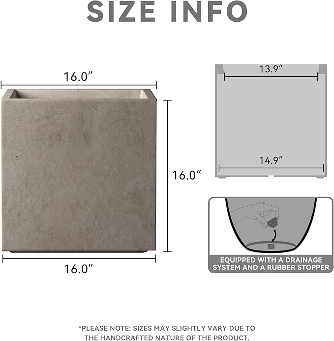 Kante 16 Inch Square Concrete Planter for Outdoor Indoor Home Patio Garden, Large Plant Pot with Drainage Hole and Rubber Plug, Weathered Concrete