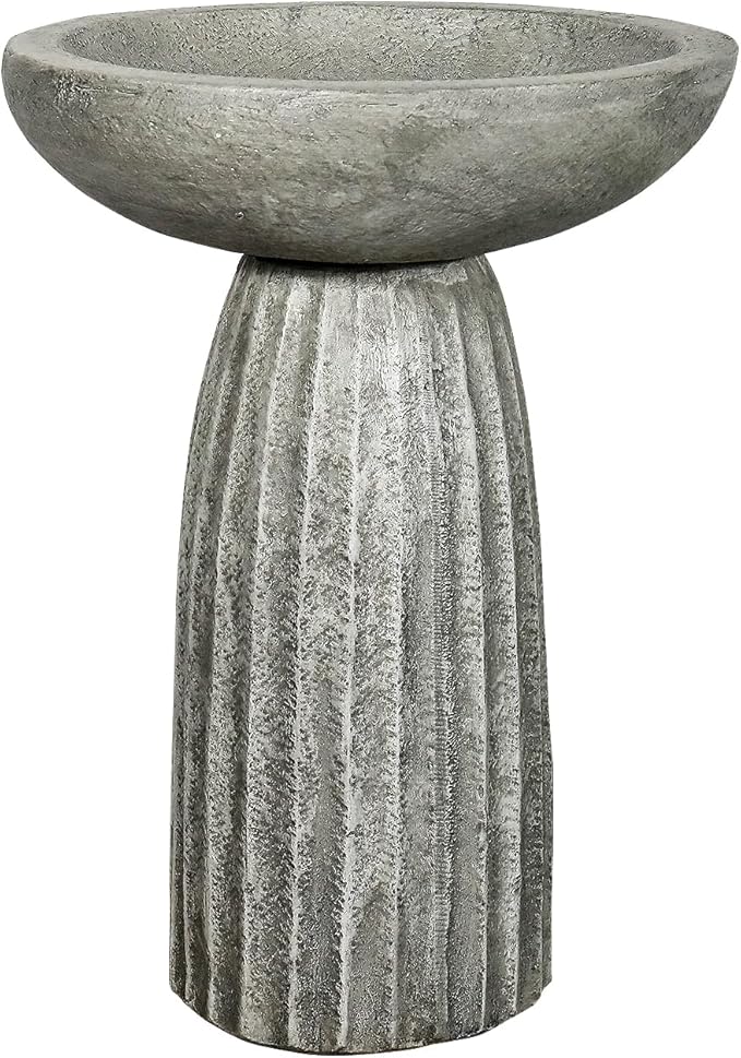 SunJet Modern Bird Bath, 24.4inches Height Fibre-Reinforced Concrete Birdbath with Textured Pedestal for Outdoor Garden, Yard, Lawn Decor