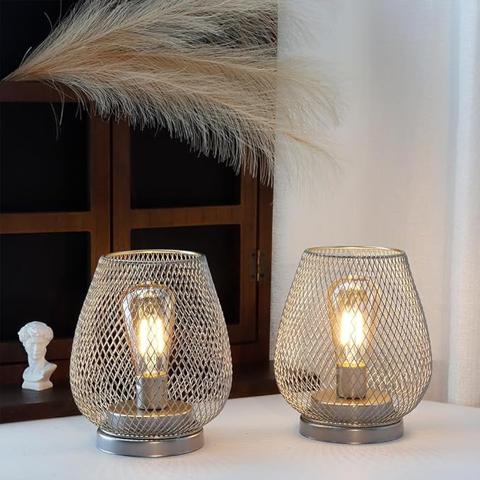 JHY DESIGN Set of 2 Metal Cage LED Lantern Battery Powered Cordless Accent Light with LED Great for Weddings Parties Patio Events for Indoors Outdoors(Silver)