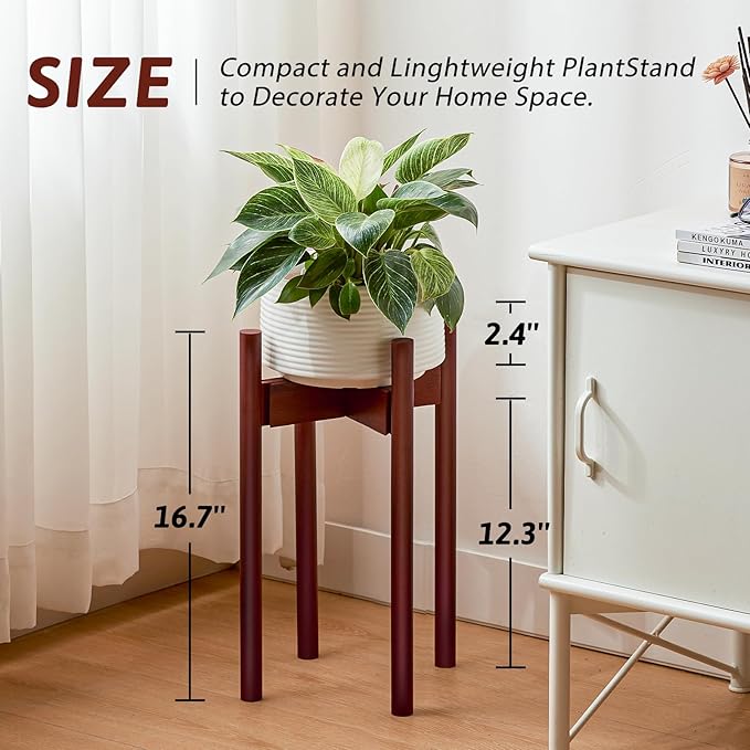 Adjustable Plant Stand Indoor, Bamboo Plant Holder 8 to 12 Inches, Small Tall Planter Stand for Indoor Plants, Single Floor Plant Stand for Living Room Balcony Bedroom, Reddish Brown