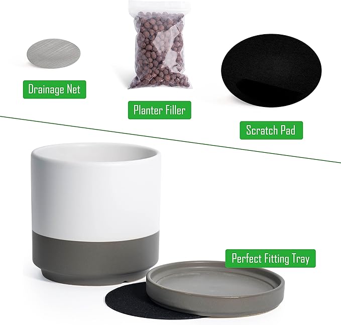 D'vine Dev Ceramic Planter Pot with Drainage Hole and Saucer, Indoor Cylinder Round Flower Pot, 4.6 Inch, White/Speckled Grey, 94-O-B-6