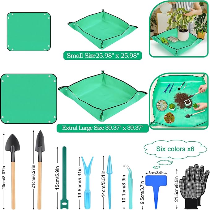 2Pcs Repotting Mat for Indoor Plants, 39''Large Potting Mat and 26''Small Planting Mat with Plant Accessories Foldable Waterproof Plant Gardening Mat, Portable Potting Tray for House Plants Succulents