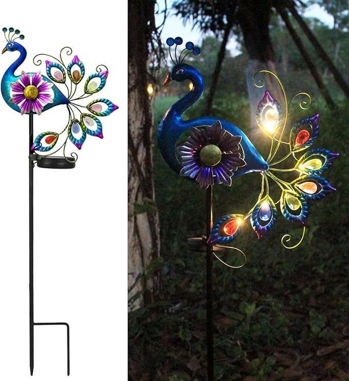 Solar Peacock Statue, Garden Metal Stake Lights Yard Decorations Outdoor,Perfect Peacock Gifts for Women, Ornaments,Mothers Day Ideal Gifts（Solar Peacock Flower ）